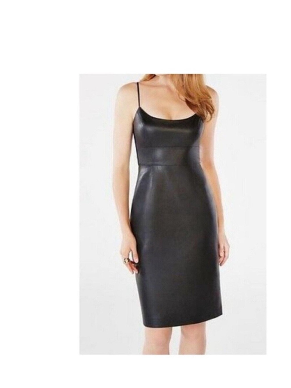 BCBGMaxAzria Black Faux Leather Spaghetti-Strap Midi Dress